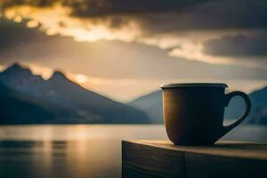 ein Tasse von Kaffee auf das Kante von ein See. KI-generiert foto