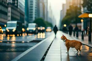 ein Katze ist Stehen auf das Bürgersteig im das Stadt. KI-generiert foto