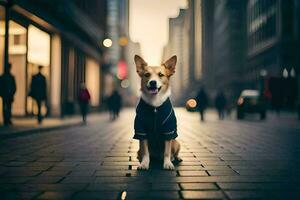 ein Hund tragen ein Jacke sitzt auf das Straße. KI-generiert foto