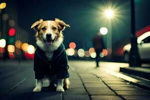 ein Hund tragen ein Jacke auf das Straße beim Nacht. KI-generiert foto