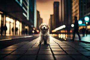 ein Hund Stehen auf ein Straße beim Nacht. KI-generiert foto