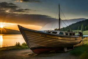 ein Boot sitzt auf das Ufer von ein See beim Sonnenuntergang. KI-generiert foto