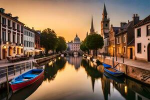 Boote sind angedockt im ein Kanal beim Sonnenuntergang. KI-generiert foto