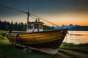 ein Boot sitzt auf das Ufer von ein See beim Sonnenuntergang. KI-generiert foto