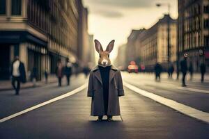 ein Hase im ein Mantel Stehen im das Mitte von ein Stadt Straße. KI-generiert foto