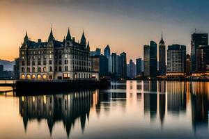 das Stadt Horizont ist reflektiert im das Wasser beim Sonnenuntergang. KI-generiert foto