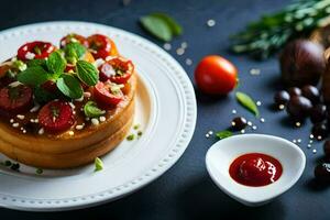 ein Kuchen mit Tomaten und Kräuter auf ein Platte. KI-generiert foto