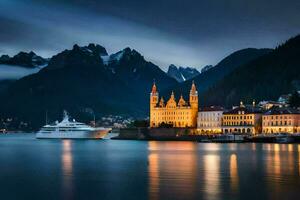 ein Kreuzfahrt Schiff im das Hafen mit Berge im das Hintergrund. KI-generiert foto