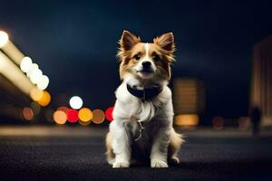 ein Hund Sitzung auf das Straße beim Nacht. KI-generiert foto