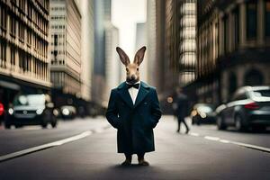 ein Hase gekleidet im ein passen und Krawatte Stehen im das Mitte von ein Stadt Straße. KI-generiert foto