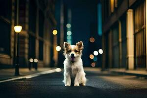 ein Hund Sitzung auf das Straße beim Nacht. KI-generiert foto