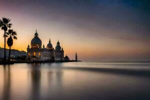 das Sonnenuntergang Über das Meer und ein Kirche. KI-generiert foto