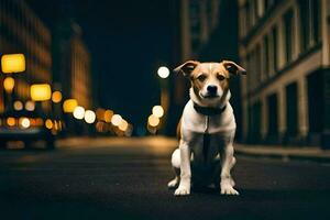 ein Hund Sitzung auf das Straße beim Nacht. KI-generiert foto