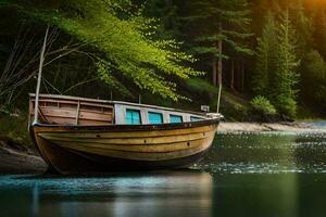 ein Boot sitzt auf das Ufer von ein Fluss. KI-generiert foto