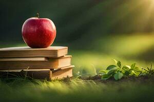ein Apfel sitzt auf oben von Bücher im das Gras. KI-generiert foto