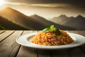 ein Teller von Pasta mit ein Berg Sicht. KI-generiert foto