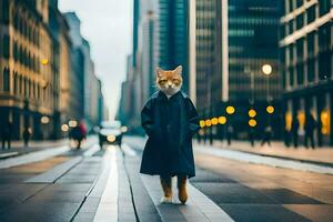 ein Katze im ein Mantel Gehen Nieder ein Stadt Straße. KI-generiert foto