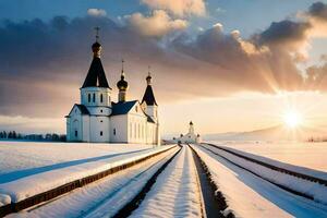 ein Kirche im das Schnee mit das Sonne Rahmen hinter Es. KI-generiert foto