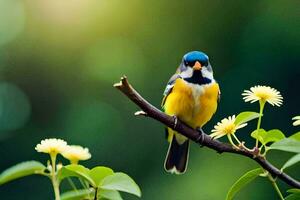 ein klein Vogel ist Sitzung auf ein Ast mit Blumen. KI-generiert foto