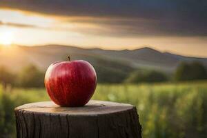 ein Apfel sitzt auf oben von ein Stumpf im Vorderseite von ein Sonnenuntergang. KI-generiert foto