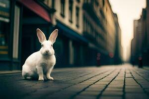 Weiß Hase Sitzung auf das Straße im ein Stadt. KI-generiert foto