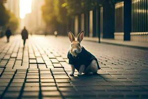 ein Hase im ein Mantel Sitzung auf das Straße. KI-generiert foto