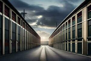 ein lange leeren Straße mit ein Sonne leuchtenden durch das Wolken. KI-generiert foto