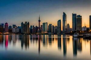 das Horizont von Shanghai beim Sonnenuntergang. KI-generiert foto