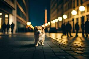 ein Hund Gehen Nieder ein Straße beim Nacht. KI-generiert foto
