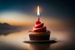 ein Cupcake mit ein Single Kerze auf oben. KI-generiert foto
