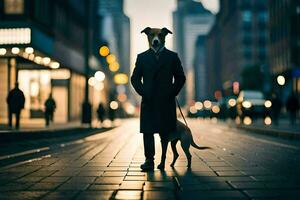 ein Mann im ein passen und Krawatte Stehen Nächster zu ein Hund auf ein Stadt Straße. KI-generiert foto