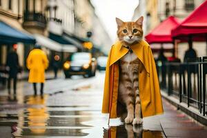 ein Katze im ein Gelb Regenjacke Stehen auf ein Straße. KI-generiert foto