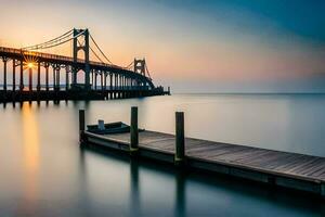 ein Seebrücke mit ein Brücke und ein Boot beim Sonnenuntergang. KI-generiert foto