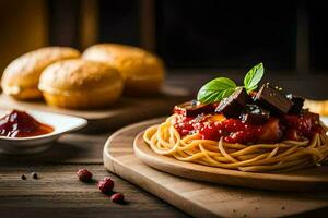 Spaghetti mit Fleisch und Tomate Soße auf ein hölzern Platte. KI-generiert foto