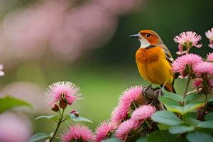 ein Vogel ist thront auf ein Rosa Blume. KI-generiert foto