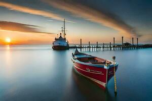 ein Boot sitzt im das Wasser beim Sonnenuntergang. KI-generiert foto