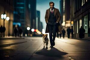 ein Mann im ein passen und Krawatte Gehen seine Hund Nieder ein Stadt Straße. KI-generiert foto