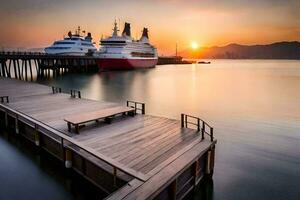 ein Kreuzfahrt Schiff angedockt beim das Seebrücke beim Sonnenuntergang. KI-generiert foto