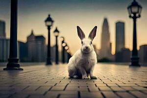 ein Hase ist Sitzung auf ein Backstein Gehweg im Vorderseite von ein Stadt. KI-generiert foto