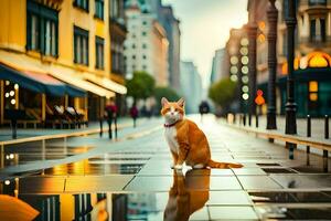 ein Katze Sitzung auf das Bürgersteig im das Stadt. KI-generiert foto