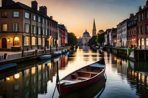 ein Boot ist angedockt auf ein Kanal beim Sonnenuntergang. KI-generiert foto