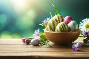 Ostern Eier im ein hölzern Schüssel auf ein Tisch. KI-generiert foto