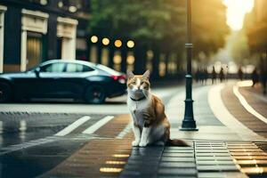 ein Katze Sitzung auf das Straße im Vorderseite von ein Wagen. KI-generiert foto