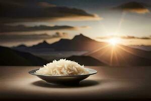 ein Schüssel von Reis im Vorderseite von das Sonnenuntergang. KI-generiert foto