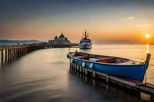 ein Boot angedockt beim das Seebrücke beim Sonnenuntergang. KI-generiert foto