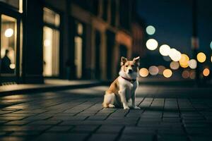 ein Hund Sitzung auf das Bürgersteig beim Nacht. KI-generiert foto