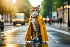 ein Katze tragen ein Gelb Regenjacke auf das Straße. KI-generiert foto