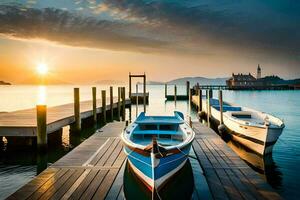 Boote angedockt beim das Seebrücke beim Sonnenuntergang. KI-generiert foto