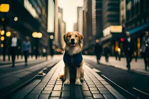 ein Hund Sitzung auf das Straße im ein Stadt. KI-generiert foto