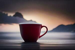 ein rot Kaffee Tasse sitzt auf ein hölzern Tabelle im Vorderseite von ein See. KI-generiert foto